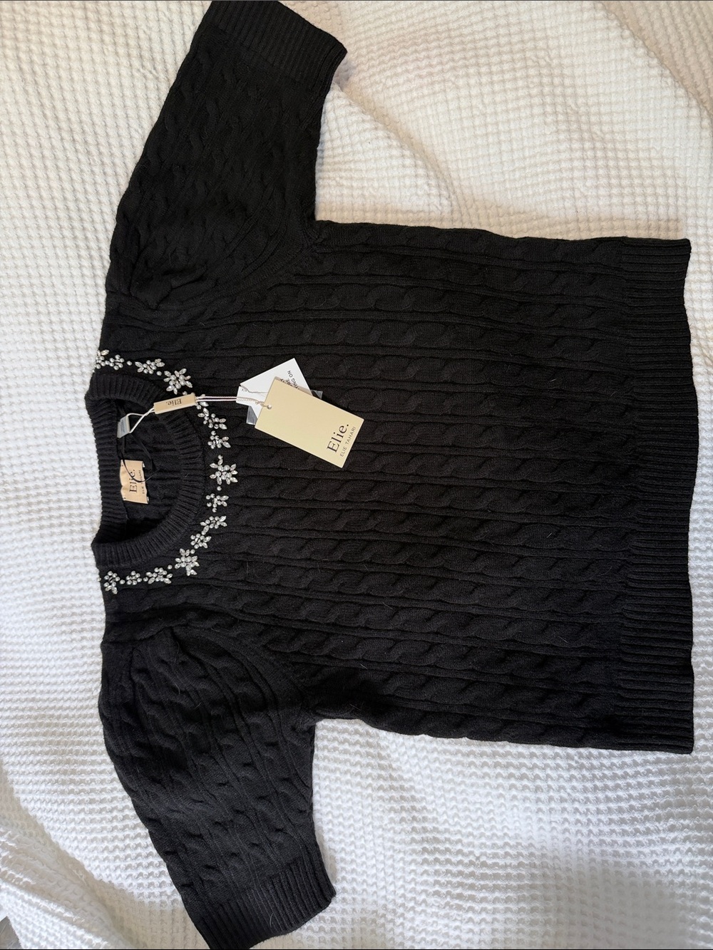 Elie Tahari Black Cable Knit Short Sleeve Sweater with Embellished Neckline